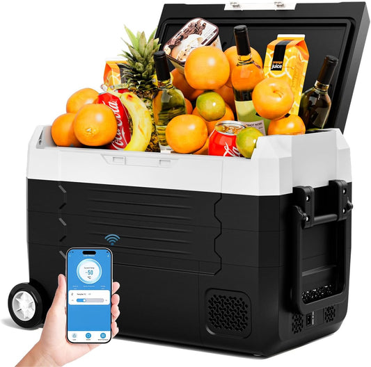 12V Car Refrigerator 59QT(56L) Dual Zone Car Fridge with App Portable Freezer Electric Cooler with Wheels 12/24V DC 110-240 Volt AC for Truck Van RV Camper SUV Travel Camping Road Trips Tailgating -13℉~68℉